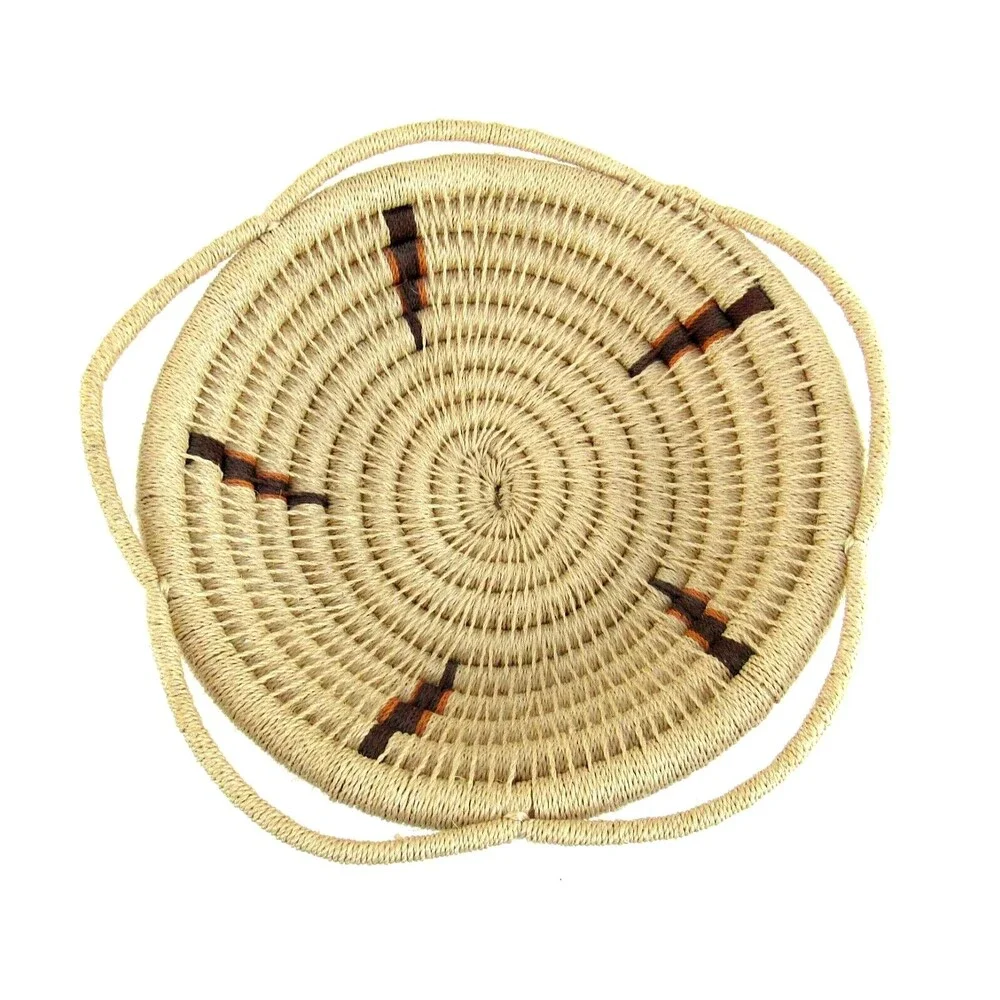 Hand Woven Coiled Basket with Handles Maroon Orange Zigzag Boho Tribal Decor